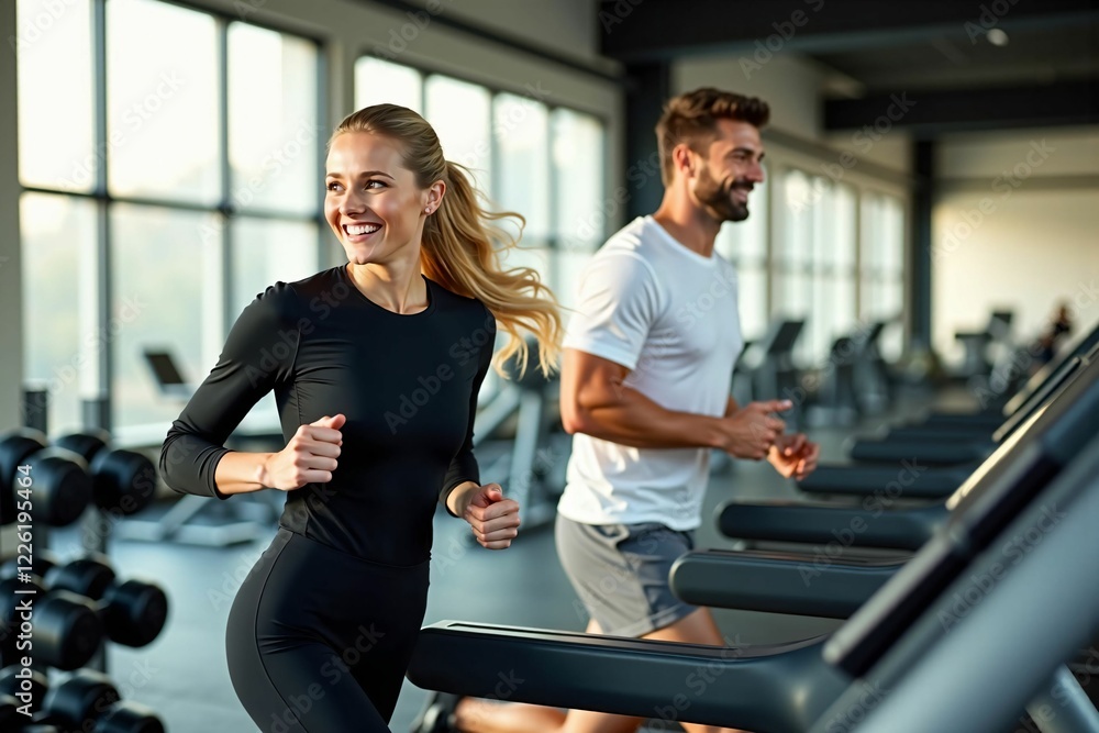 Obraz premium Fit and Happy Couple Running on Treadmills at the Gym for a Healthy Lifestyle