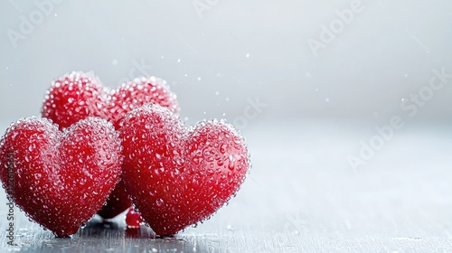 Three red hearts, water droplets, gray background, love concept, Valentine's Day card