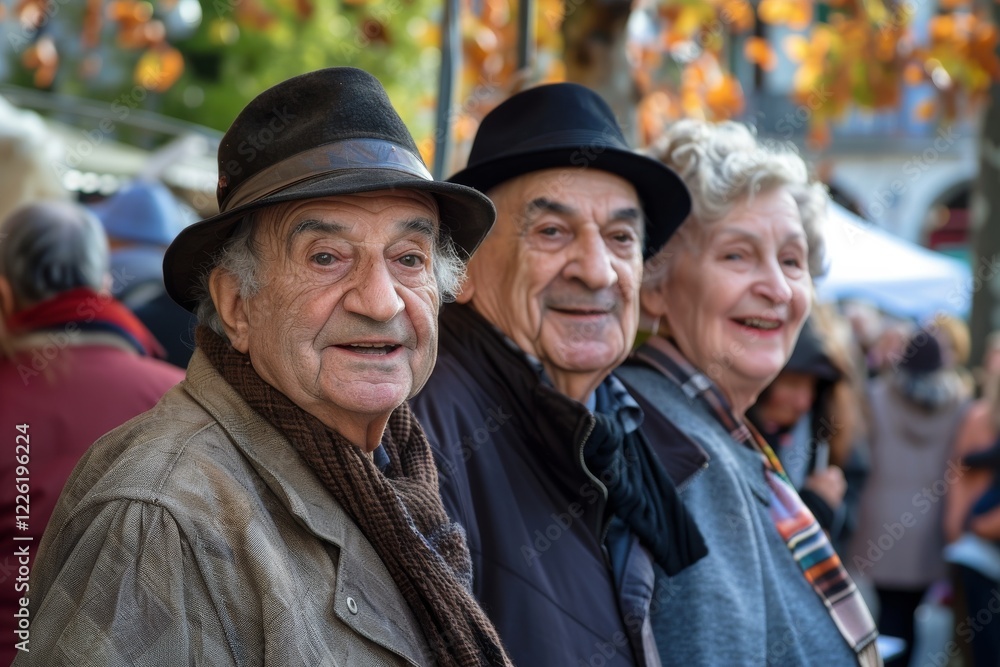 Group of elderly men and women with hats on the street in autumn Group of elderly men and women with hats on the street in autumn