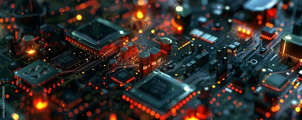 Complex modern electronic circuit board working with red lights Complex modern electronic circuit board working with red lights