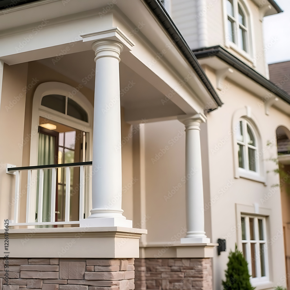 Elegant Home Exterior with Classic Porch Columns and Stonework. This image showcases beautiful architectural details, ideal for real estate and design inspiration. Elegant Home Exterior with Classic Porch Columns and Stonework. This image showcases beautiful architectural details, ideal for real estate and design inspiration.