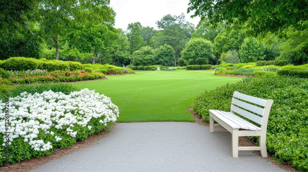 Obraz premium White wooden bench sits next to a paved path and blooming white flowers in a beautifully landscaped green park during a bright summer day.