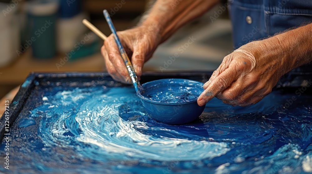Obraz premium Close-up of artist's hands mixing blue paint.