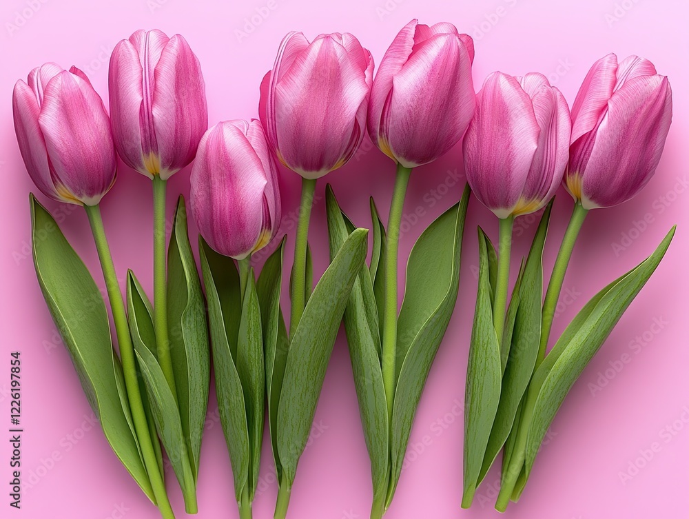 Pink Tulips Bloom Beautifully on Pink Background, Spring Flowers in Vibrant Colors, Delightful Floral Display, Close-up View, Botanical Photography Pink Tulips Bloom Beautifully on Pink Background, Spring Flowers in Vibrant Colors, Delightful Floral Display, Close-up View, Botanical Photography