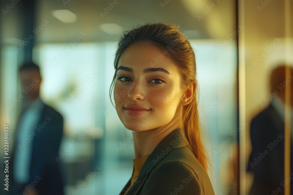Fototapeta premium confident businesswoman smiling in modern office setting, showcasing professionalism and warmth. background features blurred colleagues, enhancing focus on her