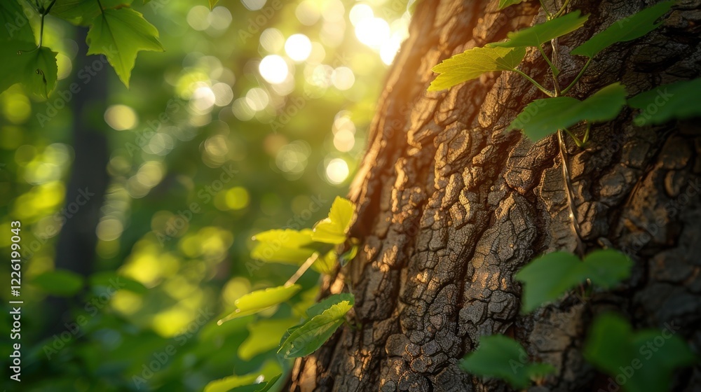 Obraz premium Sunlight shining through the leaves of a tree in a forest, plant background