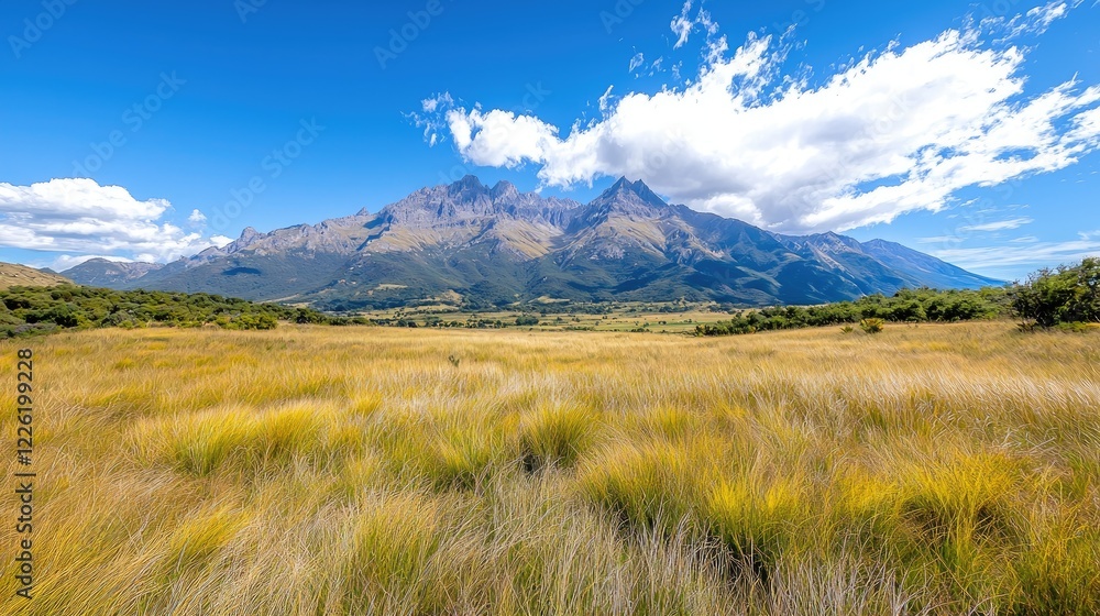 Majestic mountain range under a sunny sky, viewed from a golden field. Ideal for travel brochures Majestic mountain range under a sunny sky, viewed from a golden field. Ideal for travel brochures