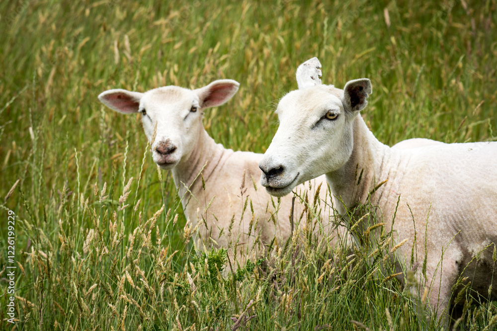 Fototapeta premium mother sheep and her lamb in lush green grassy field