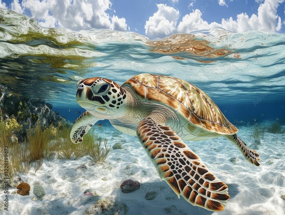 Obraz premium A graceful sea turtle swims beneath the clear turquoise waters, highlighted by sunlit beams, presenting an awe-inspiring glimpse of marine life’s dynamics and beauty.