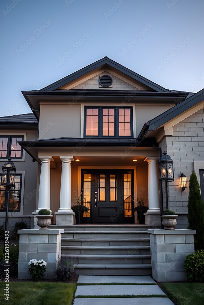 Obraz premium Luxury Home Exterior at Dusk: Modern Architecture and Elegant Design