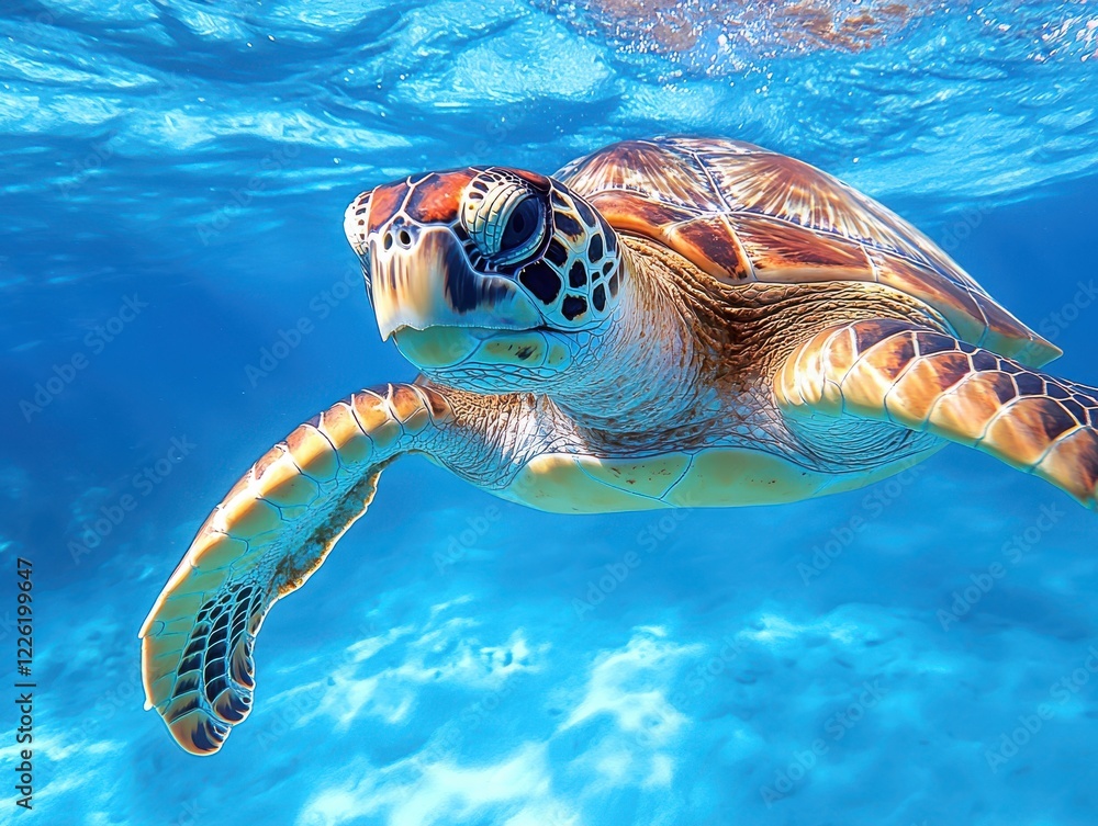 Obraz premium Graceful Green Sea Turtle Swimming Through the Clear Blue Ocean Waters with Vibrant Coral Reef in the Background