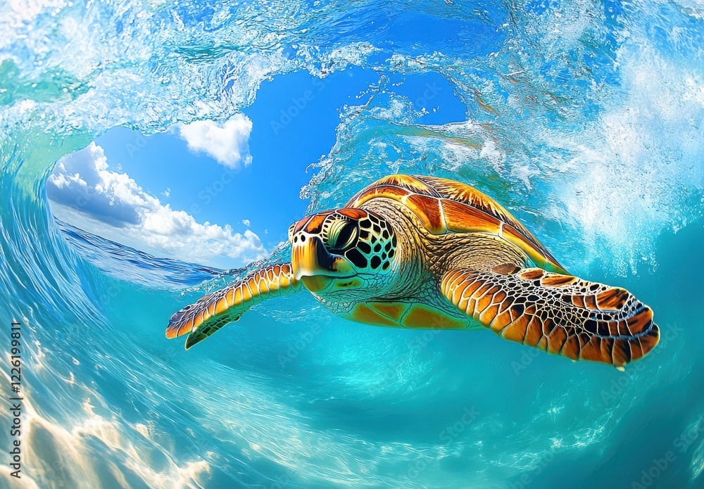 Fototapeta premium Graceful Sea Turtle Gliding Through Crystal Clear Ocean Waters Under Bright Blue Sky and Billowing White Clouds in Vibrant Coral Reef Environment