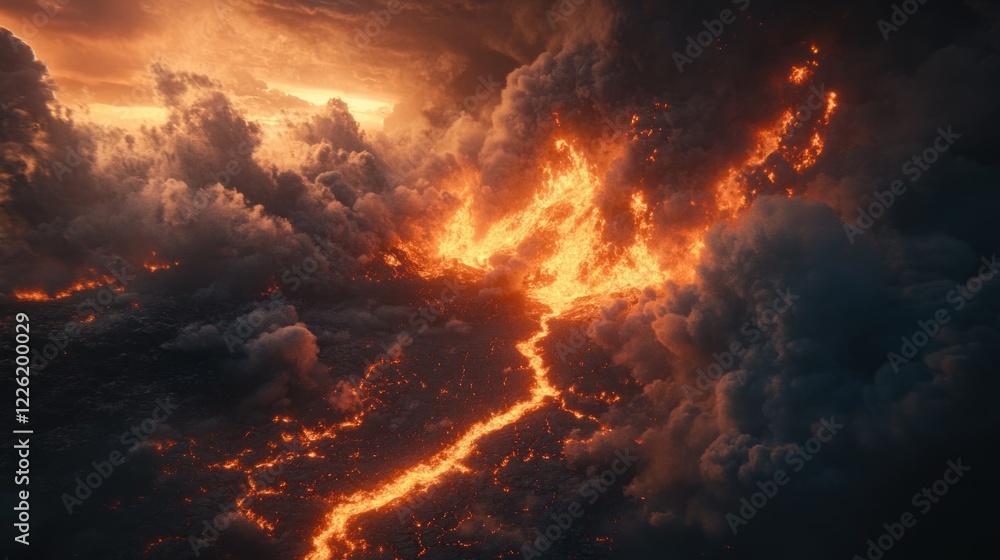 Fiery cloud rift, aerial view, apocalyptic sunset, game design Fiery cloud rift, aerial view, apocalyptic sunset, game design