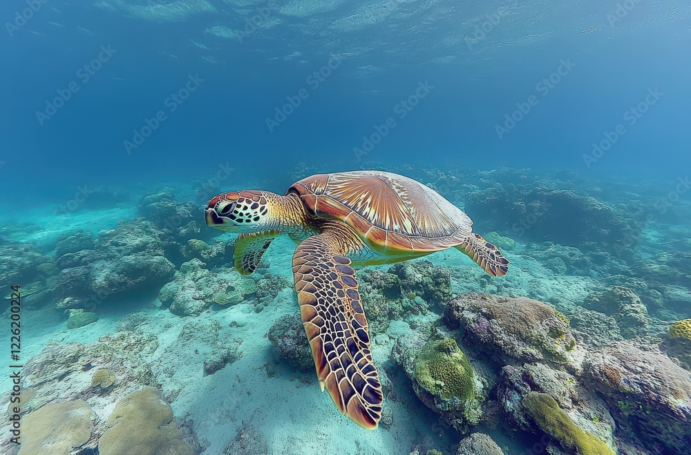 Fototapeta premium Graceful Sea Turtle Swimming Above Colorful Coral Reefs in Crystal Clear Tropical Waters of the Ocean