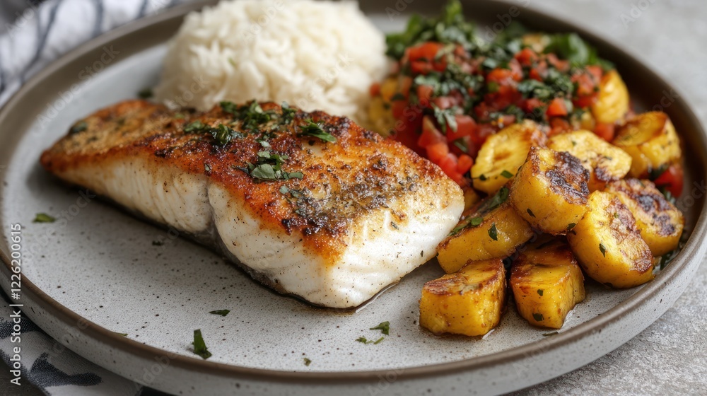 Pan-seared fish with rice, plantains, and salsa. Pan-seared fish with rice, plantains, and salsa.