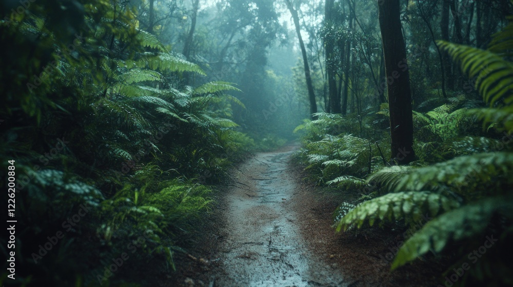 Fototapeta premium Rainy forest path, mist, ferns, travel, adventure
