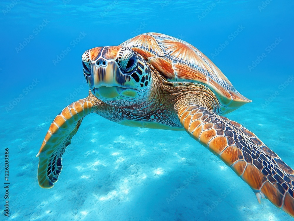 Fototapeta premium Graceful Sea Turtle Swimming in Crystal Clear Blue Ocean Surrounded by Coral Reef and Marine Life, Underwater Photography of Aquatic Conservation