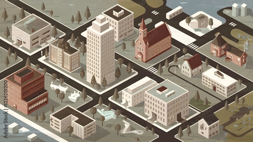 A flat and artistic isometric illustration of a city with various buildings, including a skyscraper, A flat and artistic isometric illustration of a city with various buildings, including a skyscraper,