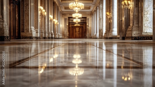 Palace hallway marble floor reflection chandeliers
