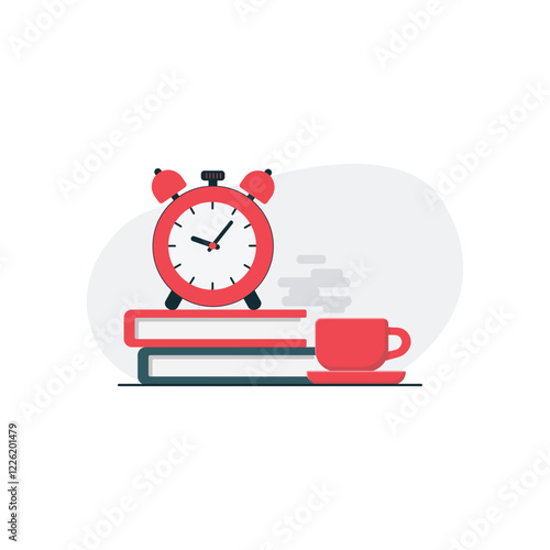 Books with Clock and Coffee Cup Vector Illustration. Break Time Concept Design