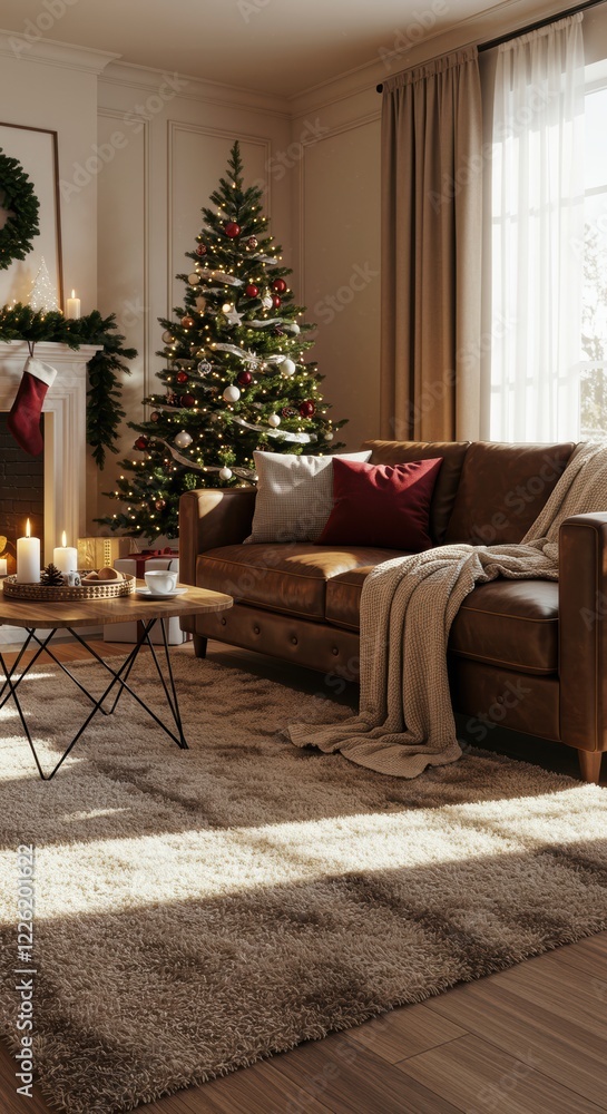 Cozy living room with christmas tree and festive decorations in warm natural light