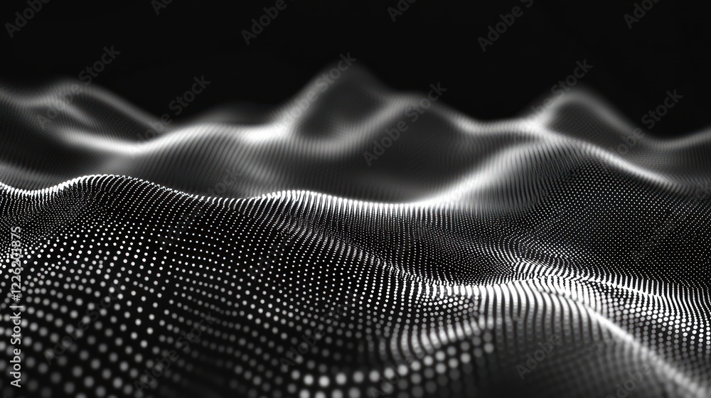 Abstract grayscale wave of glowing particles on black background. Abstract grayscale wave of glowing particles on black background.