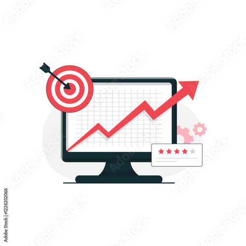 Computer with Goal Arrow and Rating Star Vector Illustration. Reputation Marketing Concept Design