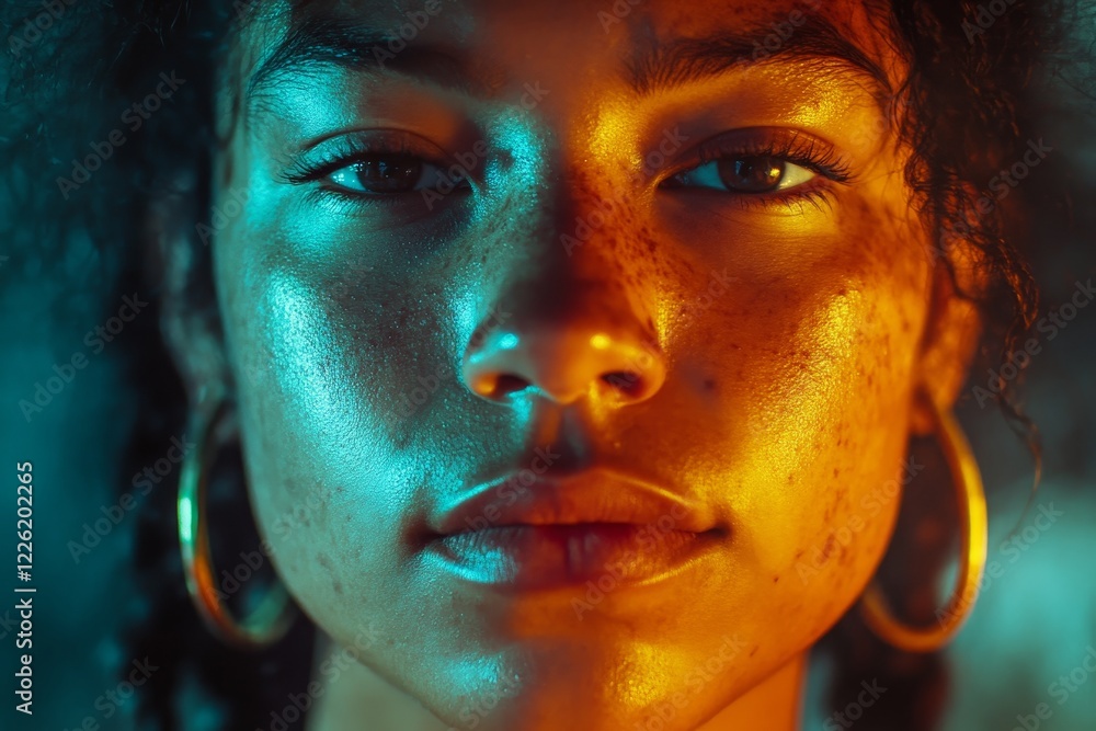 A close-up portrait features intense and dramatic lighting illuminating the subject’s face, highlighting unique facial features with a blue and orange color contrast effect. A close-up portrait features intense and dramatic lighting illuminating the subject’s face, highlighting unique facial features with a blue and orange color contrast effect.