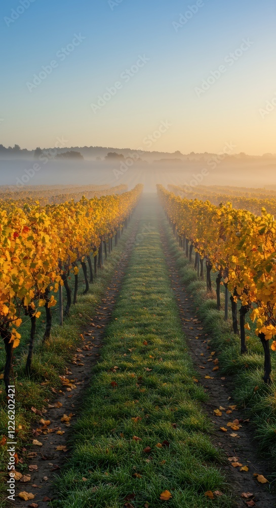 Fototapeta premium Golden vineyard in misty morning light during autumn harvest season