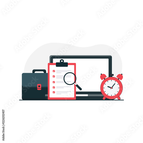 Laptop with Clock, Clipboard and Office Bag Vector Illustration. Working Hour Concept Design