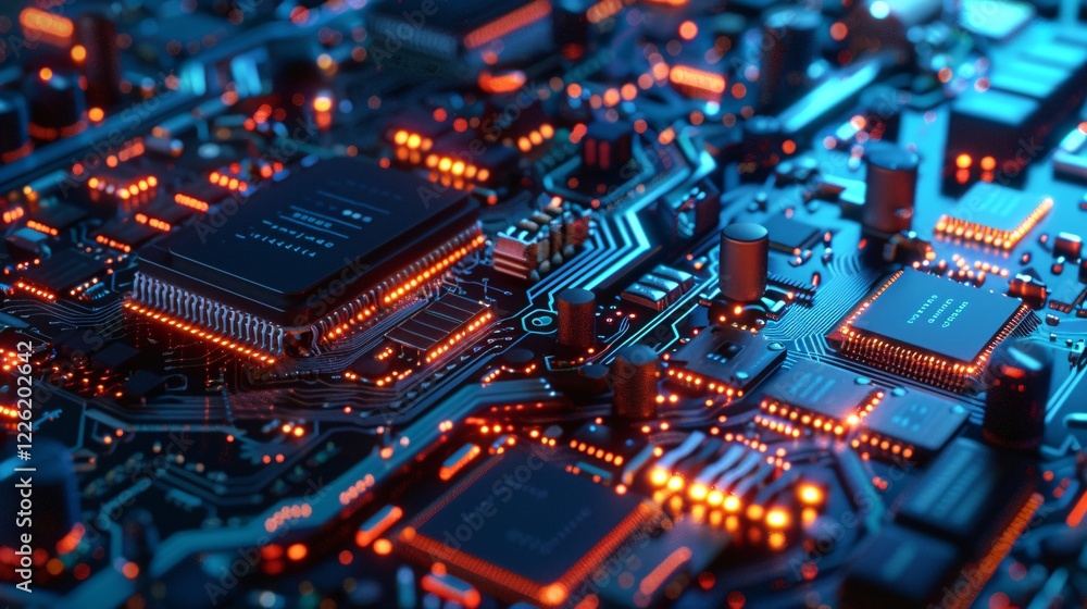 Electronic circuit board showing cpu microchip and components, illuminated in orange and blue Electronic circuit board showing cpu microchip and components, illuminated in orange and blue