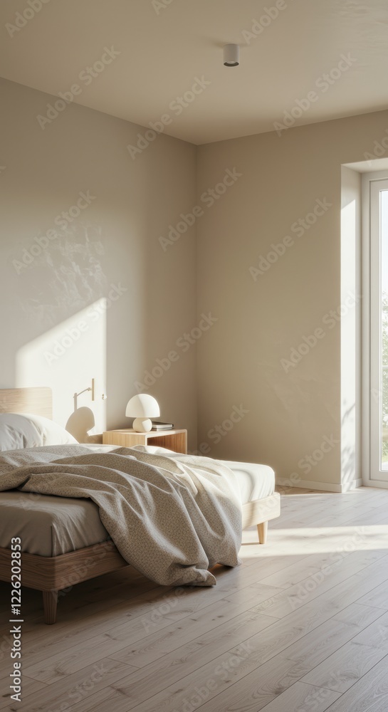 Fototapeta premium Sunlit minimalist bedroom with cozy bedding and modern decor