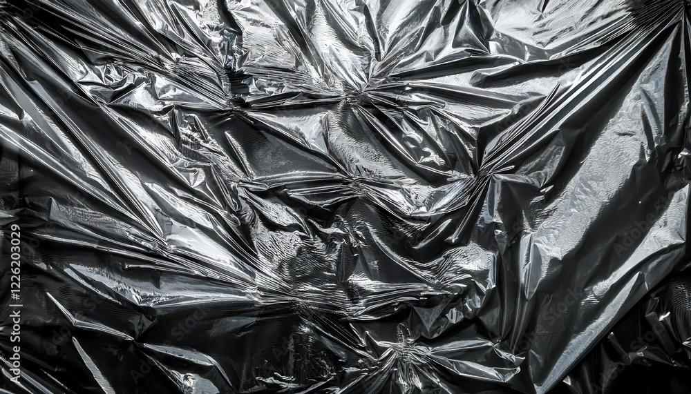 Distressed Plastic Wrap Surface Closeup Detail Revealing the Complexity of Textures, Folds, and Wrinkles, Showcasing a Unique Perspective of Everyday Objects. Distressed Plastic Wrap Surface Closeup Detail Revealing the Complexity of Textures, Folds, and Wrinkles, Showcasing a Unique Perspective of Everyday Objects.