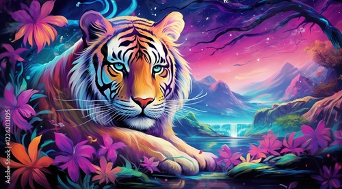 Wallpaper Mural 3d illustration tiger and mountain in the colorful sky and background. Torontodigital.ca