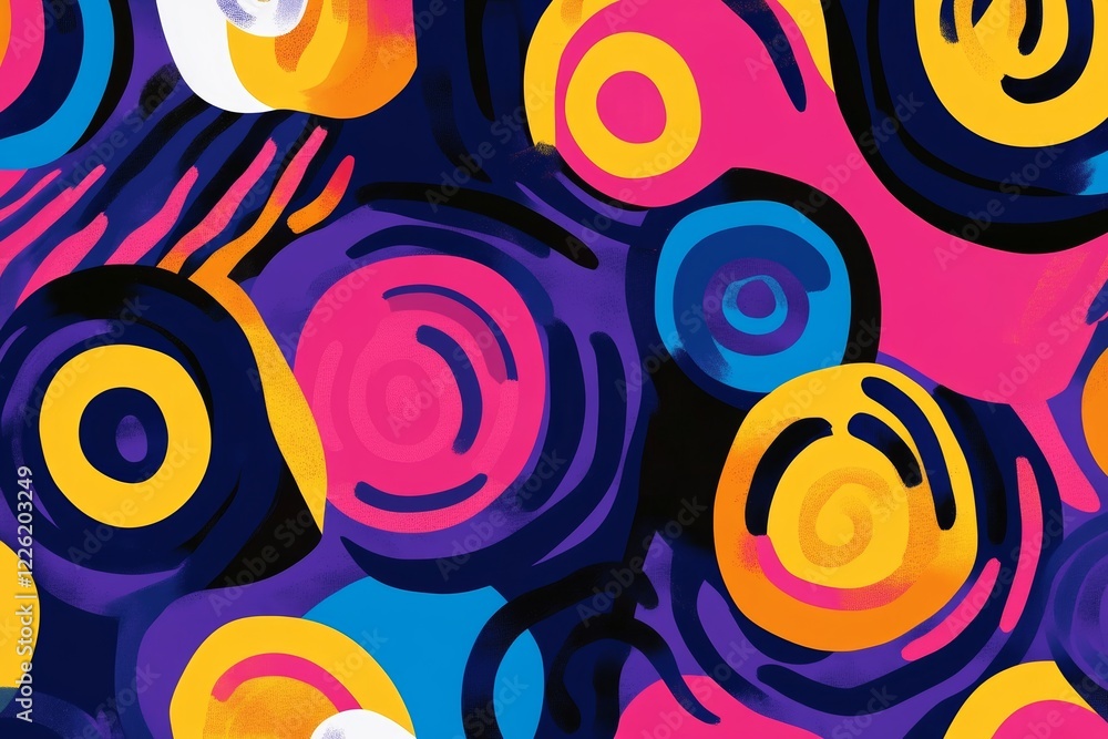 Fototapeta premium This energetic abstract composition features bold circular patterns in vibrant hues of pink, yellow, and blue, creating an exciting and dynamic visual experience full of movement.