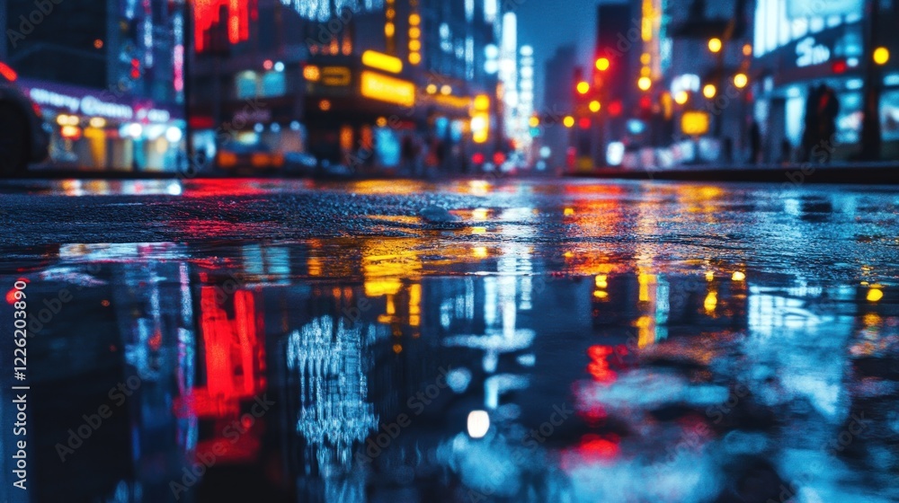 Fototapeta premium City street reflection, rain, night, urban, lights, blurred, background, advertising