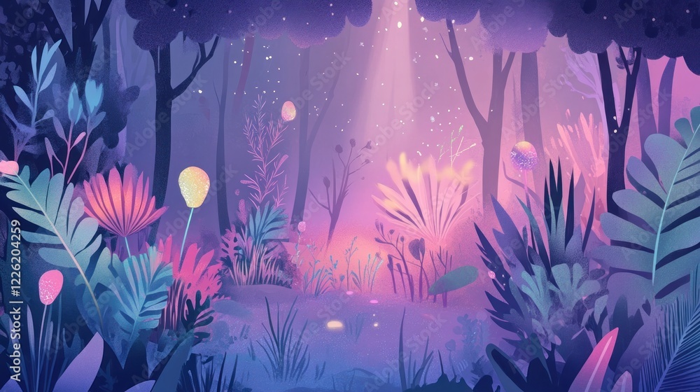 Fototapeta premium Enchanting purple forest night scene, glowing plants, magical background, game design