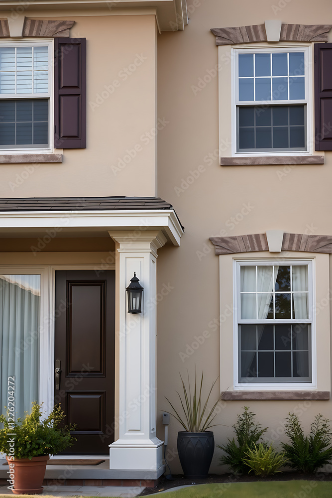 Elegant Home Exterior: Beige Facade, Brown Door, and Lush Landscaping Elegant Home Exterior: Beige Facade, Brown Door, and Lush Landscaping