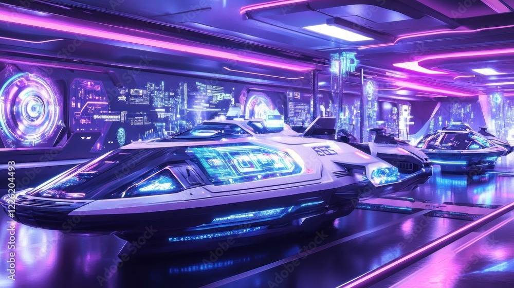 Futuristic vehicles charging in neon-lit hangar