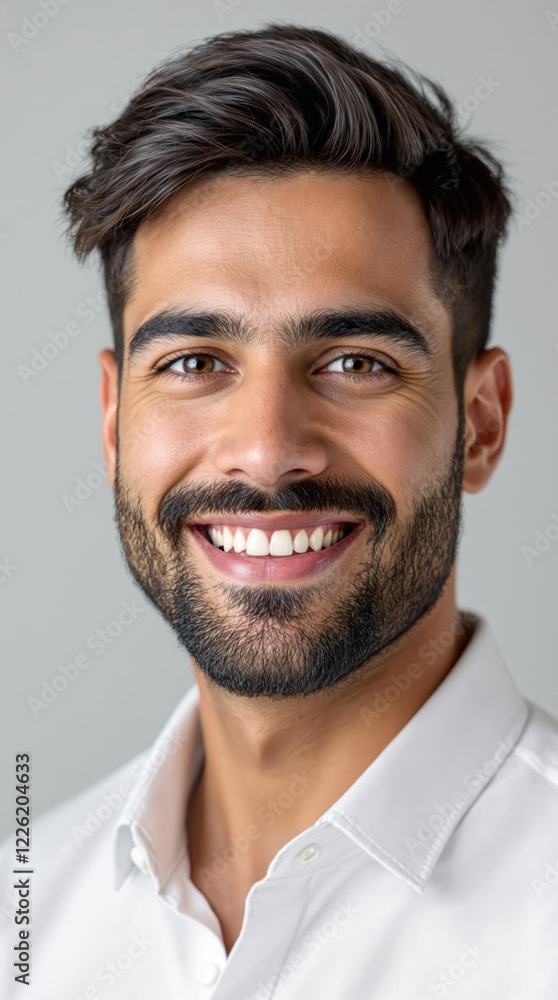 Obraz premium Confident young man smiling in white shirt against gray background