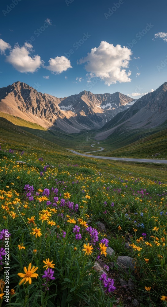 Fototapeta premium Majestic mountain landscape with vibrant wildflowers under a clear blue sky