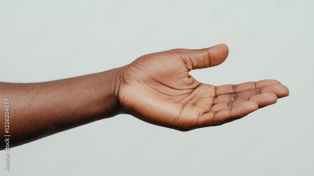 A hand is extended outward, palm up, against a light background. A hand is extended outward, palm up, against a light background.