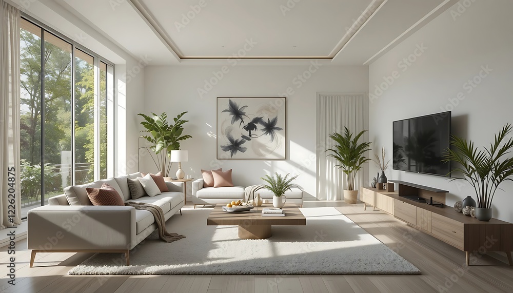 Fototapeta premium Modern Minimalist Living Room Design With Large Windows