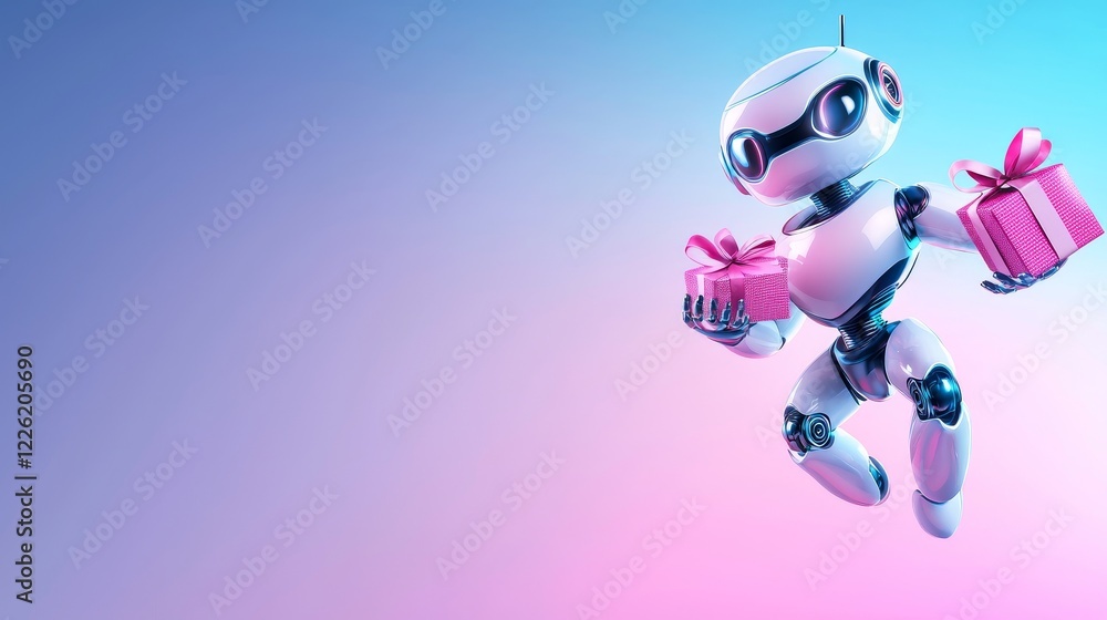 Futuristic robot delivering Valentine's gifts with promo labels, sci-fi style, metallic silver and pink hues, clean background, concept art Futuristic robot delivering Valentine's gifts with promo labels, sci-fi style, metallic silver and pink hues, clean background, concept art