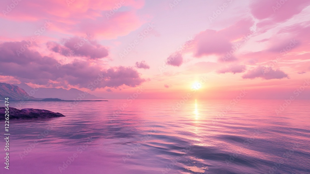 Fototapeta premium A dreamy pink sunset over a serene ocean with mountains silhouetted against the horizon