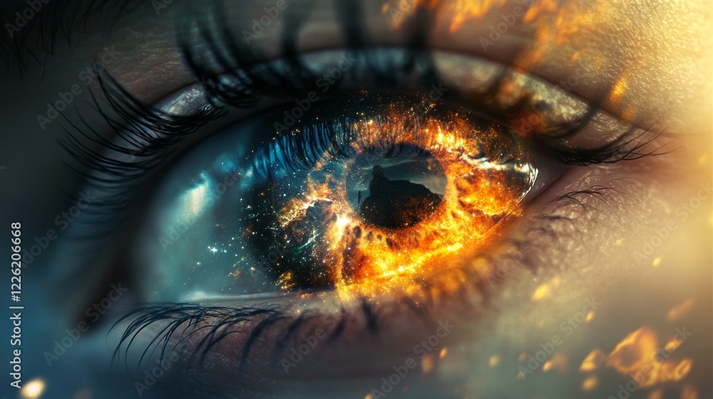 A captivating image of a human eye with a fiery, explosive cosmic effect. The eye is detailed, and vibrant colors emanate a sense of mystery and power. A captivating image of a human eye with a fiery, explosive cosmic effect. The eye is detailed, and vibrant colors emanate a sense of mystery and power.
