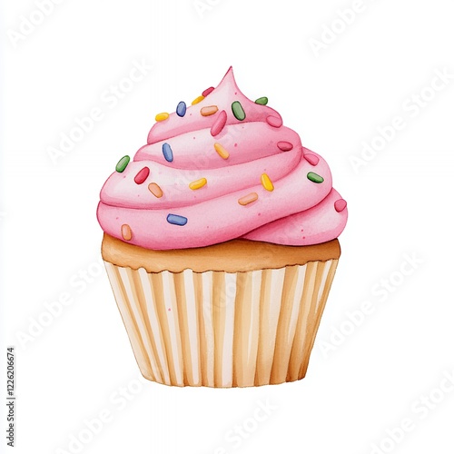 Watercolor illustration of a delightful cupcake with pink frosting and colorful sprinkles, perfect for celebrations and sweet trea photo