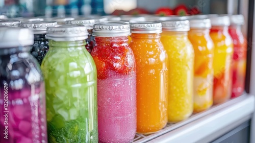 Colorful fruit juice bottles on display, healthy drinks, market, refreshment photo