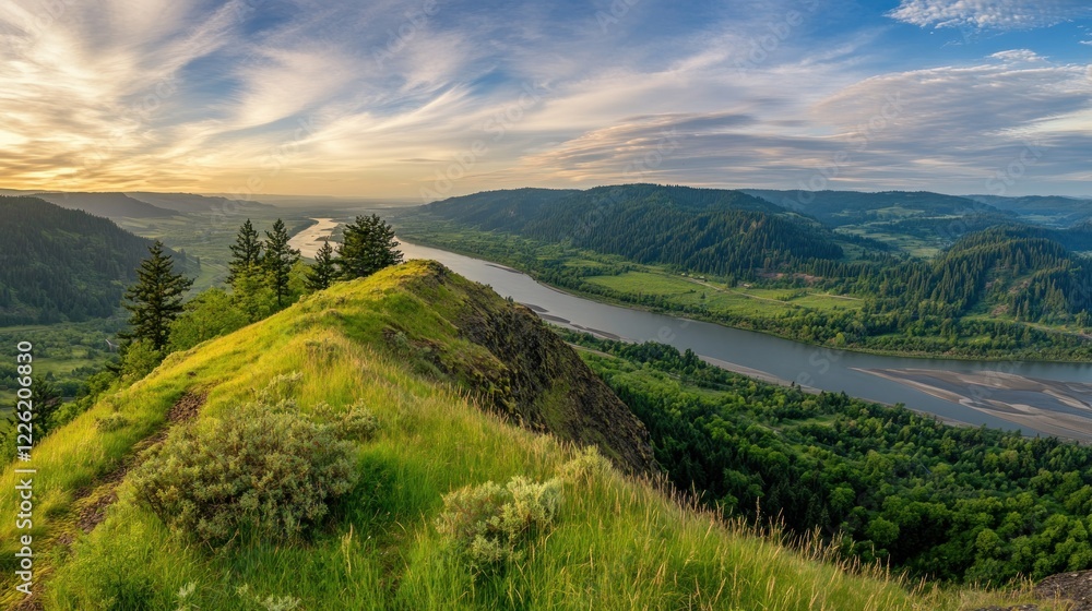 Fototapeta premium Majestic River Valley View from Hilltop at Sunset with Dramatic Clouds