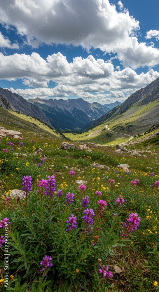Vibrant wildflowers bloom in majestic mountain valley under scenic cloudy sky
